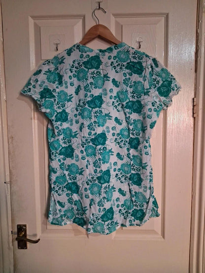 White and turquoise floral blouse UK16