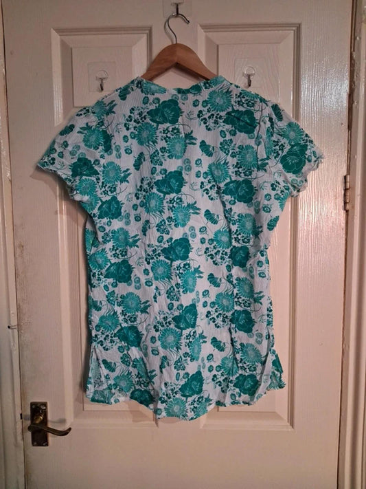 White and turquoise floral blouse UK16