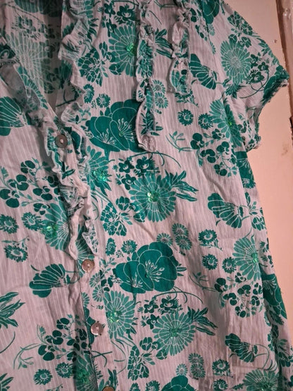 White and turquoise floral blouse UK16
