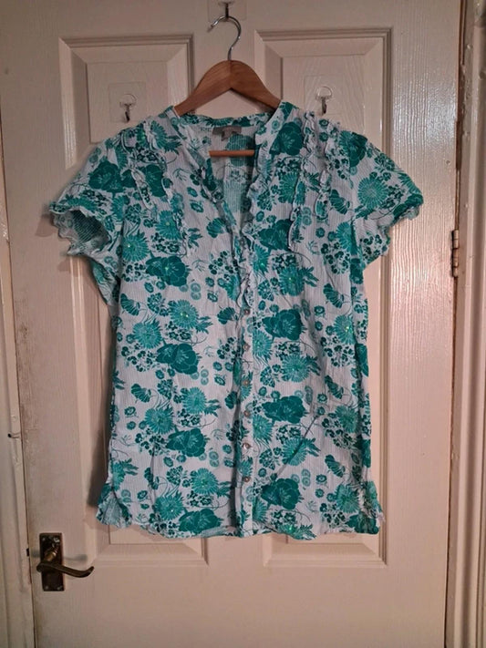 White and turquoise floral blouse UK16