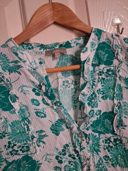 White and turquoise floral blouse UK16